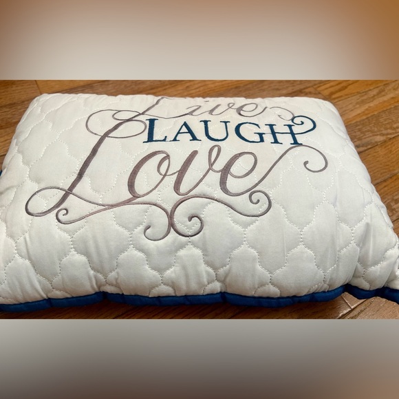 Live Laugh Love Quilted Accent Pillow - White with Navy and Gray Script 16x12” - Picture 2 of 3